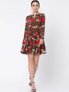 Masaba Masaba Women Red & Green Panelled Printed Fit and Flare Dress