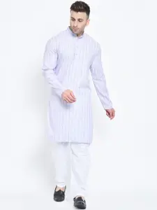 Hangup Men Off-White & Blue Striped Kurta with Pyjamas