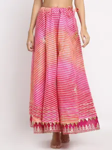 SOUNDARYA Women Pink & Orange Cotton Kota Doriya Leheriya Print Flared Maxi Skirt