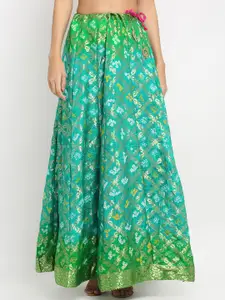 SOUNDARYA Women Sea Green & Golden Zari Woven-Design Flared Maxi Skirt