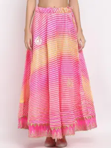 SOUNDARYA Women Pink & White Cotton Kota Doriya Leheriya Print Flared Maxi Skirt