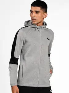 Puma Men Grey Melange Solid Evostripe Full-Zip Slim Fit Hooded Track Sustainable Sweatshirt