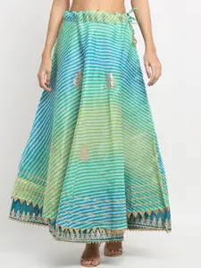 SOUNDARYA Women Blue & Green Cotton Kota Doriya Leheriya Print Flared Maxi Skirt