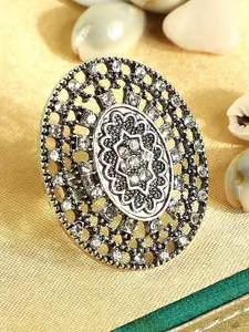 ANIKAS CREATION Silver-Plated Oxidised Stone-Studded Handcrafted Adjustable Finger Ring