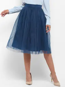 ROVING MODE Women Teal Blue Solid Net Flared Skirt
