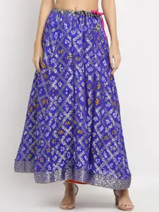 SOUNDARYA Women Blue & Golden Printed & Zari Design Flared Maxi Skirt