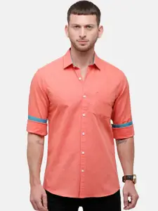 CAVALLO by Linen Club Men Coral Orange Linen Cotton Regular Fit Solid Casual Shirt