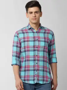 Peter England Men Blue & Red Linen Slim Fit Checked Casual Shirt
