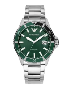 Emporio Armani Men Green Dial & Silver Toned Stainless Steel Analogue Watch AR11338