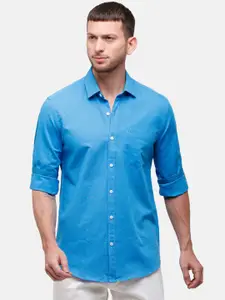 CAVALLO by Linen Club Men Blue Linen Cotton Regular Fit Solid Casual Shirt