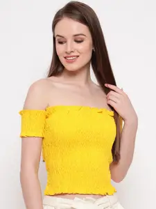 Aawari Yellow Off-Shoulder Smocked Bardot Crop Top