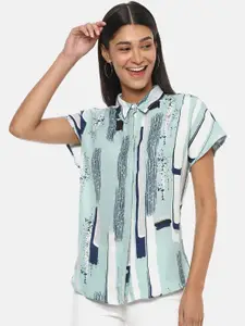 Campus Sutra Women Sea Green & Navy Blue Regular Fit Printed Casual Shirt