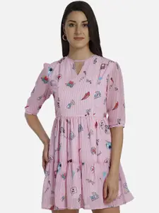 Yaadleen Women Pink Printed Fit and Flare Dress