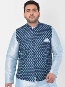 DEYANN PLUS Men Blue Printed Woven Plus Size Nehru Jacket