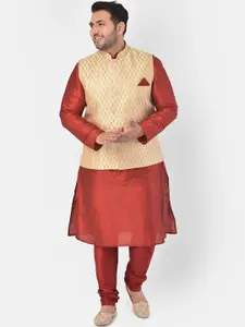 DEYANN PLUS Men Red & Golden Solid Kurta with Pyjamas & Nehru Jacket