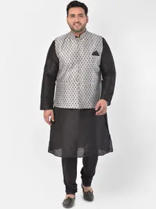 DEYANN PLUS Men Black & Silver-Toned Solid Kurta with Churidar & Nehru Jacket