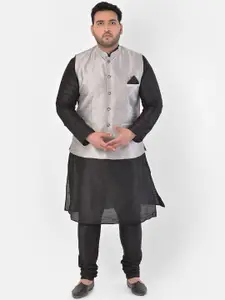 DEYANN PLUS Men Plus Size Black & Silver Solid Kurta with Churidar & Nehru Jacket