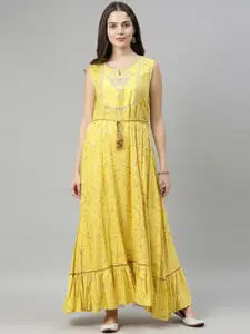 Neerus Yellow & Brown Floral Print Ethnic Maxi Dress