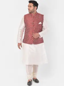 DEYANN PLUS Men Off-White & Red Solid Kurta with Pyjamas & Nehru Jacket