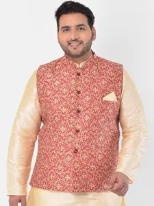 DEYANN PLUS Men Red & Cream-Coloured Woven Design Jacquard Silk Nehru Jacket