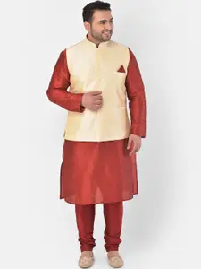 DEYANN PLUS Men Red & Gold-Toned Solid Kurta with Churidar & Nehru Jacket
