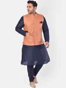DEYANN PLUS Men Plus Size Navy Blue & Orange Solid Kurta with Churidar & Nehru Jacket