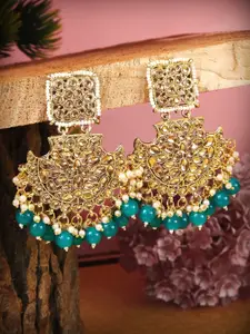 Crunchy Fashion Blue & Gold Plated Classic Pearl Chandelier Chandbalis