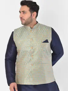 DEYANN PLUS Men Blue & Gold-Coloured Woven Design Jacquard Silk Nehru Jacket