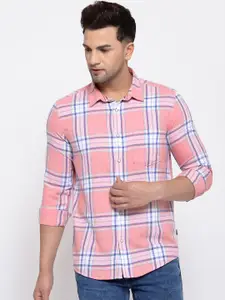 Pepe Jeans Men Coral Pink & Blue Pure Cotton Checked Casual Shirt