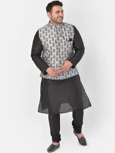DEYANN PLUS Men Plus Size Black & Silver Solid Kurta with Churidar & Nehru Jacket