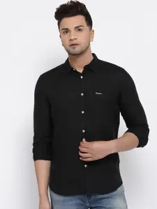 Pepe Jeans Men Black Pure Linen Solid Casual Shirt