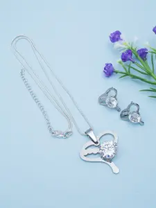 Golden Peacock Women Silver-Toned Stone-Studded Heart Shaped Pendant With Chain