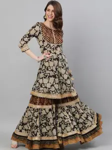 Ishin Women Black & Brown Embroidered Peplum Kurta with Skirt