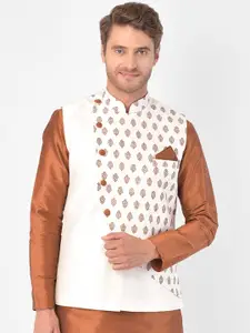 DEYANN Men Off White & Brown Printed Woven Nehru Jacket