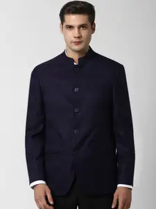 Peter England Elite Men Navy Blue Self Design Slim-Fit Bandhgala Formal Blazer