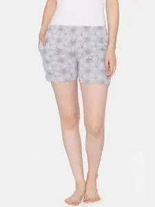 Vami Women Grey & White Printed Knitted Lounge Shorts
