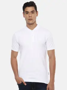 V Dot Men White Solid Mandarin Collar T-shirt