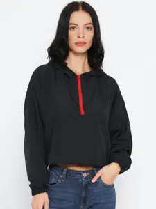 FOREVER 21 Women Black Solid Hooded Crop Sweatshirt