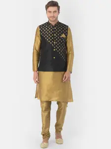 DEYANN Men Black & Gold-Toned Solid Kurta with Churidar & Nehru Jacket