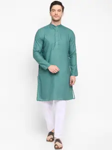 Hangup Men Green & White Solid Kurta with Pyjamas
