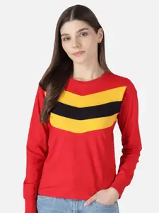 The Dry State Women Red Colourblocked Polo Collar T-shirt