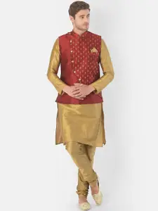 DEYANN Men Red & Gold-Toned Solid Kurta with Pyjamas & Nehru Jacket