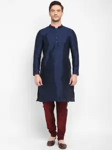 Hangup Men Navy Blue & Maroon Solid Kurta with Pyjamas