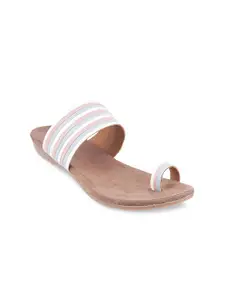 Mochi Women White & Pink Striped Sandals