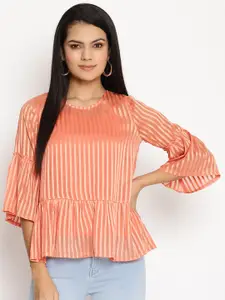 HOUSE OF KKARMA Coral Striped Georgette Cinched Waist Top
