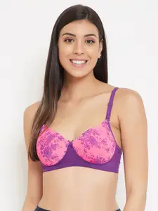 Clovia Pink & Purple Printed Non-Wired Lightly Padded T-shirt Bra BR1866T1436E