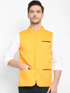 Hangup Men Yellow Solid Woven Nehru Jacket