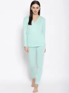 iki chic Women Sea Green Solid Top with Trousers