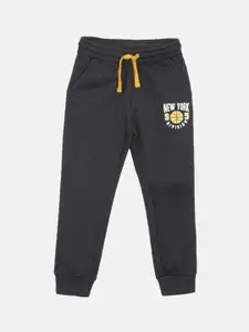 3PIN Boys Charcoal Grey Solid Cotton Joggers with Printed Detail