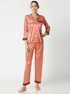 AV2 Women Peach-Coloured & Brown Solid Night suit